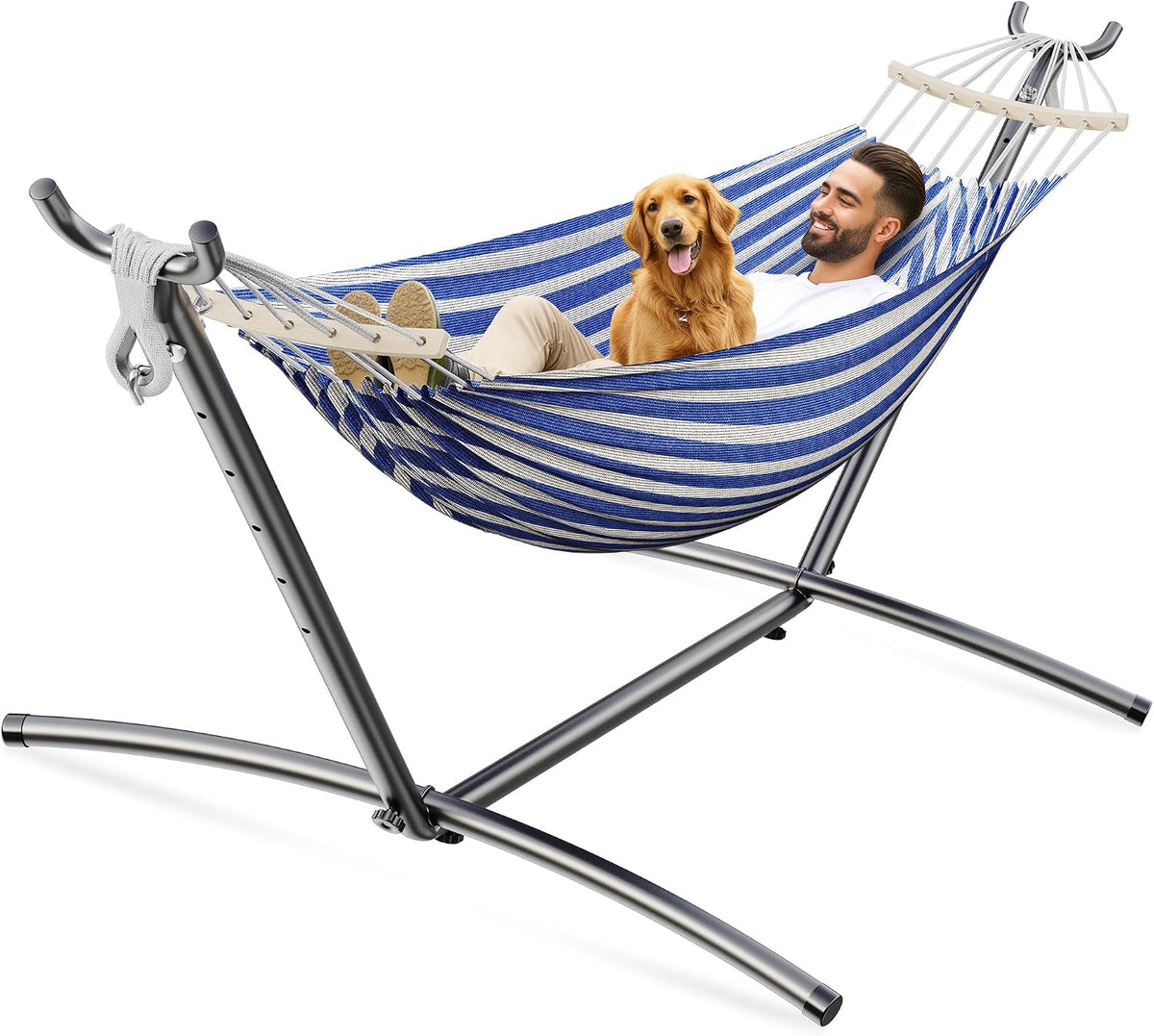 ANAGOO 2 Person Hammock with Stand, 500 lb Indoor Outdoor, Black White