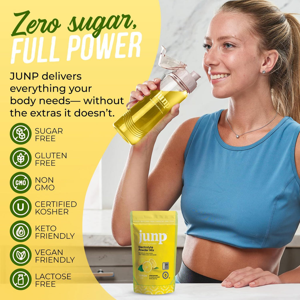 JUNP Sugar Free Electrolytes Powder Packets for Water Instant Hydration Packets with Salt & Potassium, Zero Calorie, No Carbs, No Sugar Electrolyte Drink Mix Sticks, Keto Friendly, Lemonade 20 Pack