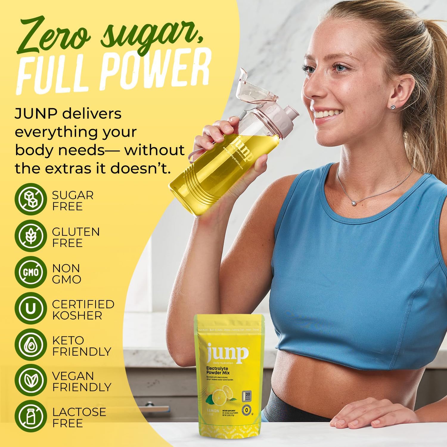 JUNP Sugar Free Electrolytes Powder Packets for Water Instant Hydration Packets with Salt & Potassium, Zero Calorie, No Carbs, No Sugar Electrolyte Drink Mix Sticks, Keto Friendly, Lemonade 20 Pack