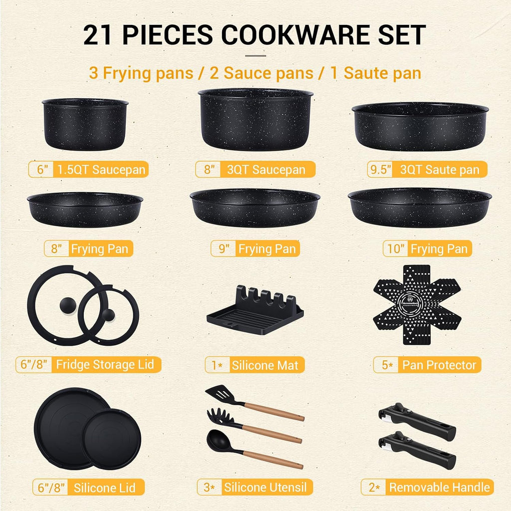 Ammeloo 21Pcs Pots and Pans Set Non Stick with Detachable Handle Frying Pan