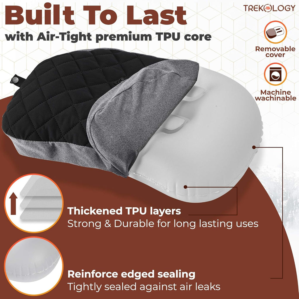 TREKOLOGY Lightweight Travel Pillow – Compact Inflatable Camping Pillow for Backpacking, Travel, Plane, or Hammock – Neck & Lumbar Support, Washable Cover, Two-Way Valve – Ultralight Hiking Gear