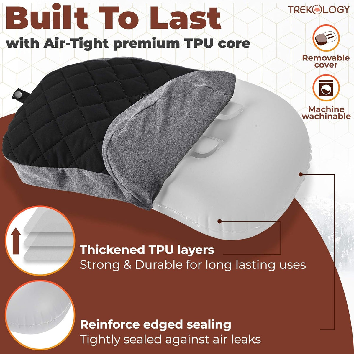 TREKOLOGY Lightweight Travel Pillow – Compact Inflatable Camping Pillow for Backpacking, Travel, Plane, or Hammock – Neck & Lumbar Support, Washable Cover, Two-Way Valve – Ultralight Hiking Gear