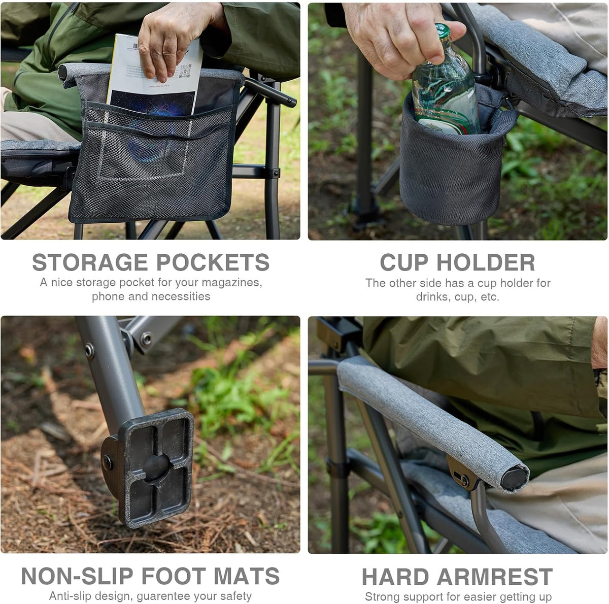 EVER ADVANCED Padded Oversized Folding Camping Chair for Adults, Heavy Duty Lawn Chair with Side Pockets, Portable Collapsible Quad Chair for Outside, Support Up to 500lbs, Grey