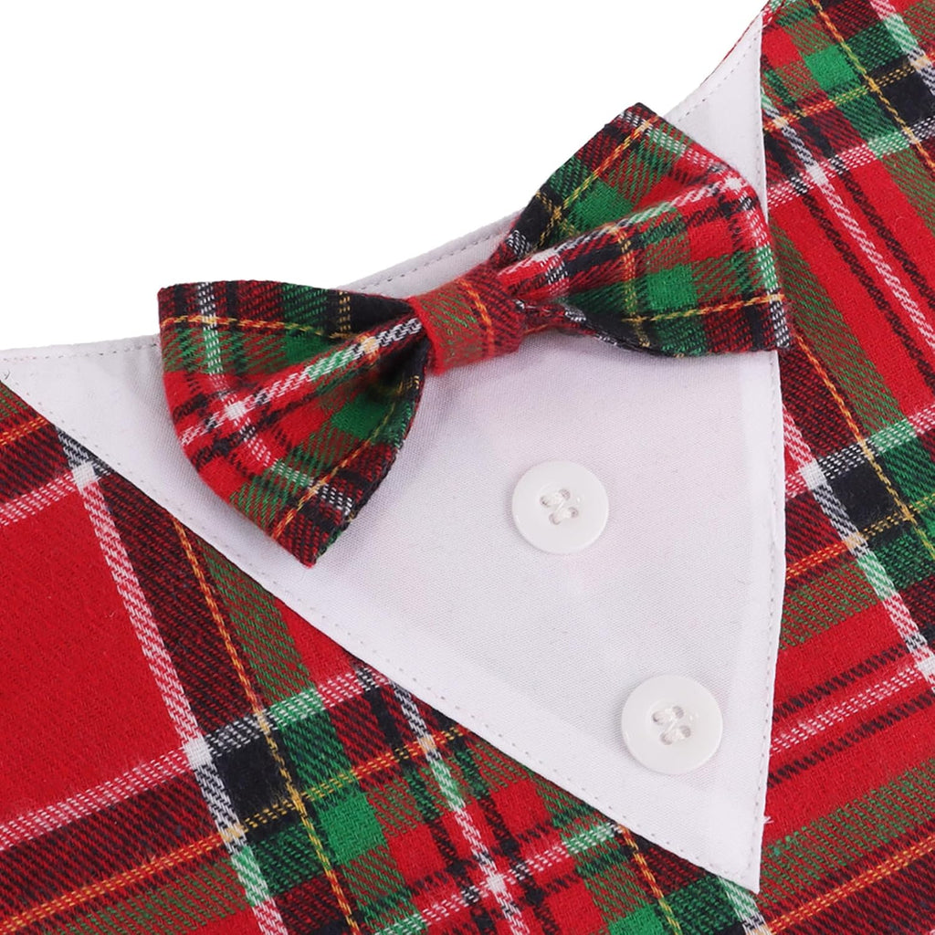 ADOGGYGO Christmas Dog Tuxedo Bandana, Red Green Plaid Pet Xmas Collar with Bow, Adjustable Christmas Costume for Large Dogs (L)