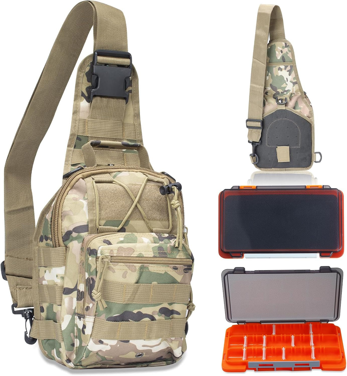Waterproof Fishing Backpack with 2 Tackle Boxes, 2-Way Carry Design & Durable Material,Black, Khaki, Camo (Camouflage with Two Tackle Boxes)