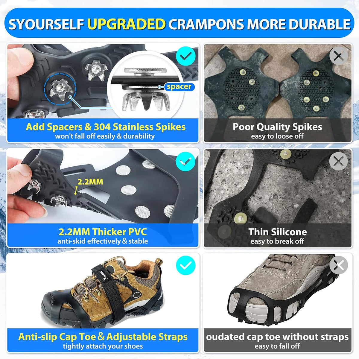 SYOURSELF Ice Cleats, Crampons Ice Cleats for Shoes and Boots Women Men Kids, Non Slip Grippers Spikes for Shoes with Straps, Ice Traction Cleats for Snow and Ice, Hiking, Walking, Fishing, Climbing