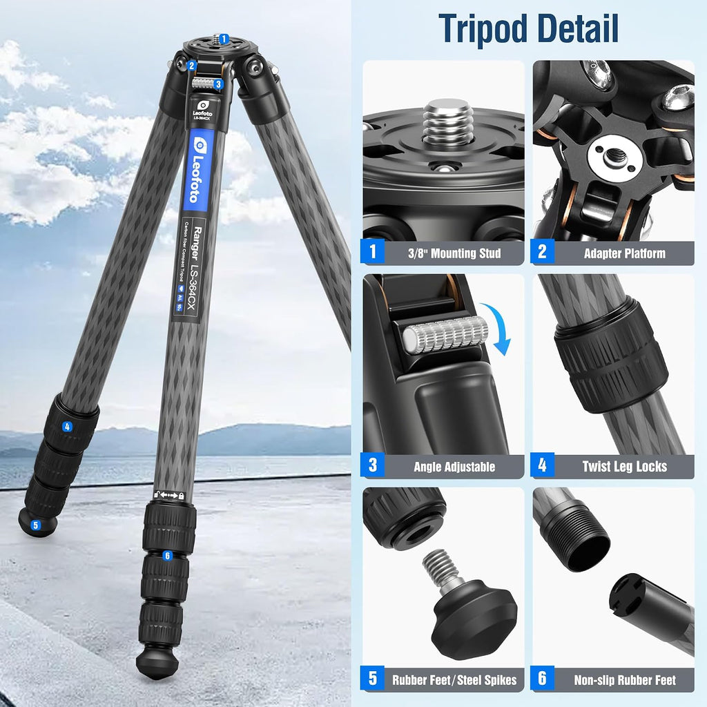 LEOFOTO 58" Carbon Fiber Tripod, Lightweight Travel Compact Tripod for Mirrorless Camera, DSLR, 4-Sections with Max Tube Dia 36mm, Load Up to 55lbs/25kg (LS-364CX)