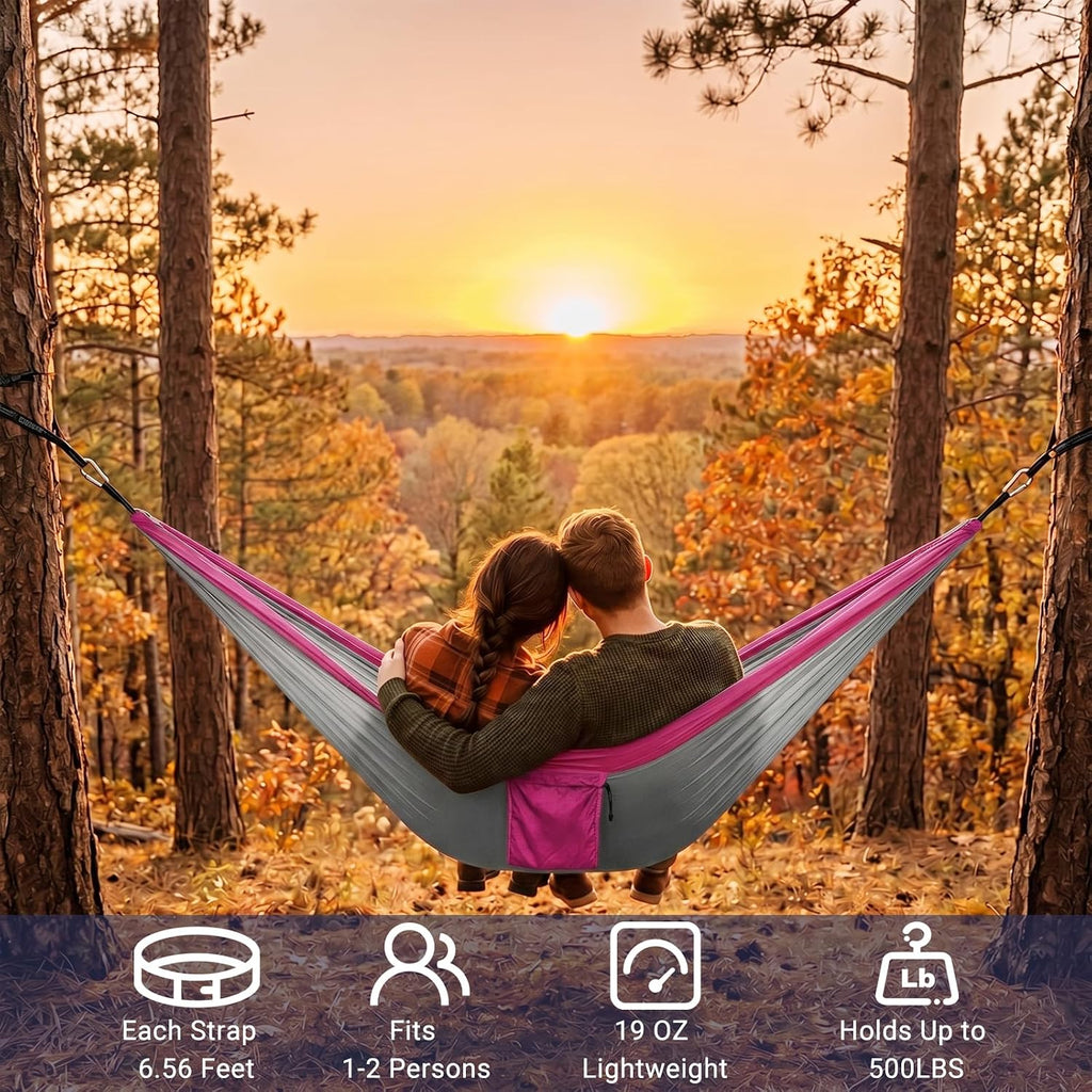 Camping Hammocks, Portable Parachute with Tree Straps (Pink & Gray)