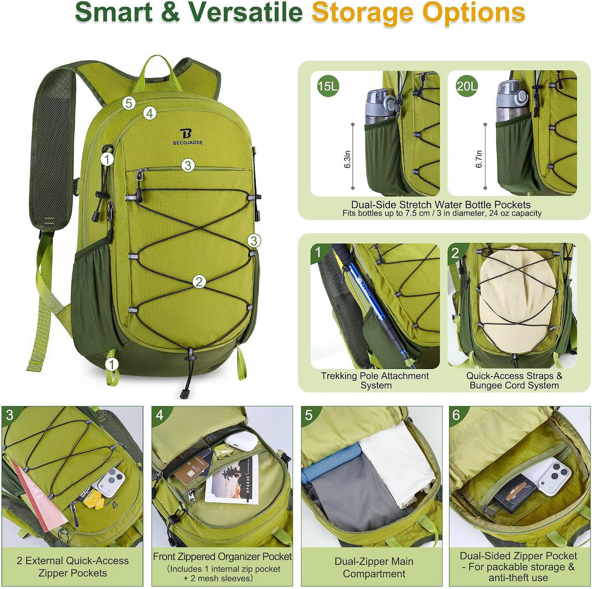 BECOJADDE Hiking Backpack 15L Small Backpack Packable Day pack Water Resistant Lightweight Travel Backpack for Women Men with Shoulder Strap Pockets for Hiking Camping Outdoor, Green