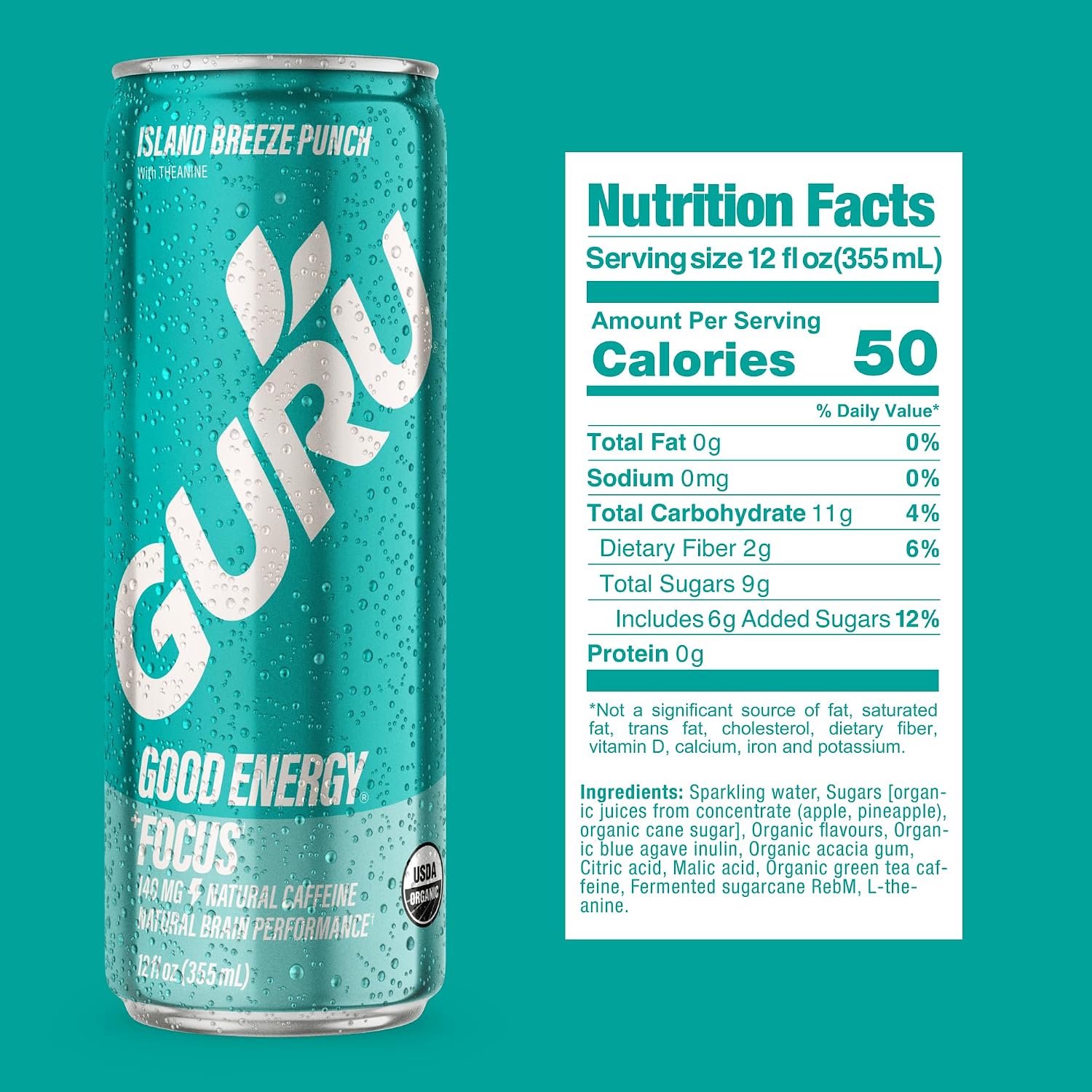 GURU Organic Energy Drink, Island Breeze Punch, 12 Fl Oz, 24 Pack