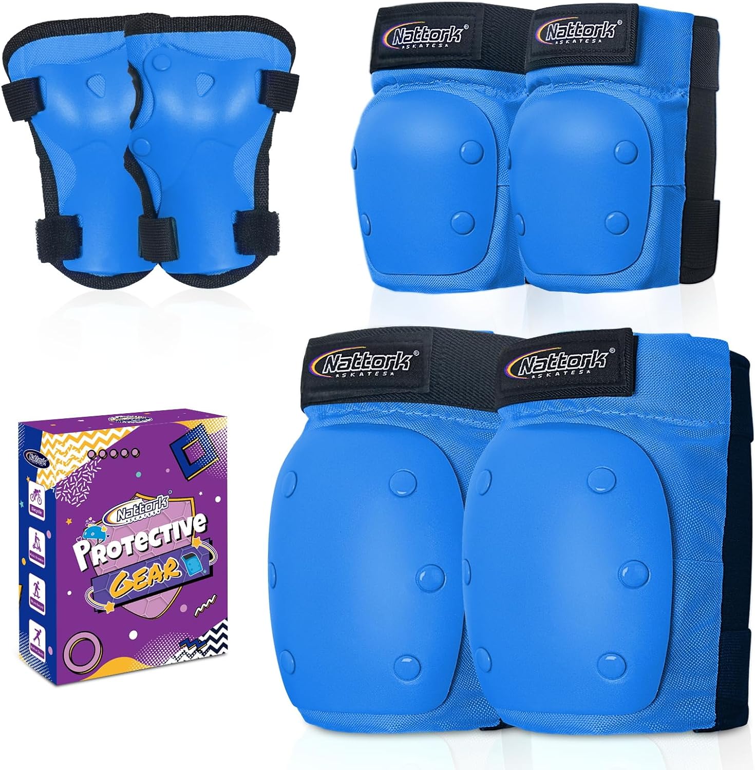 Nattork Knee Pads for Kids Youth Audlt，Knee and Elbow Pads with Wrist Guards 6 in 1 Protective Gear Set for Skateboard, Roller Skate, Inline Skates, Cycling and Scooter Boys Girls