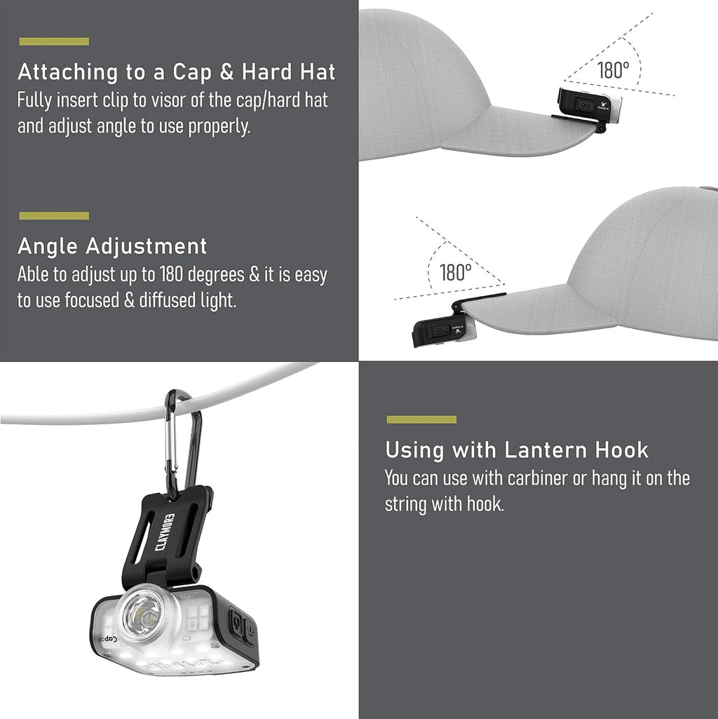 Claymore Capon 80C (Tan) - LED Rechargeable Clip-On Cap Headlamp, Lightweight Hat Light for Camping, Running, Emergency & Industrial Use, Waterproof, Hands-Free Sensor, 45 Hours Battery Life.