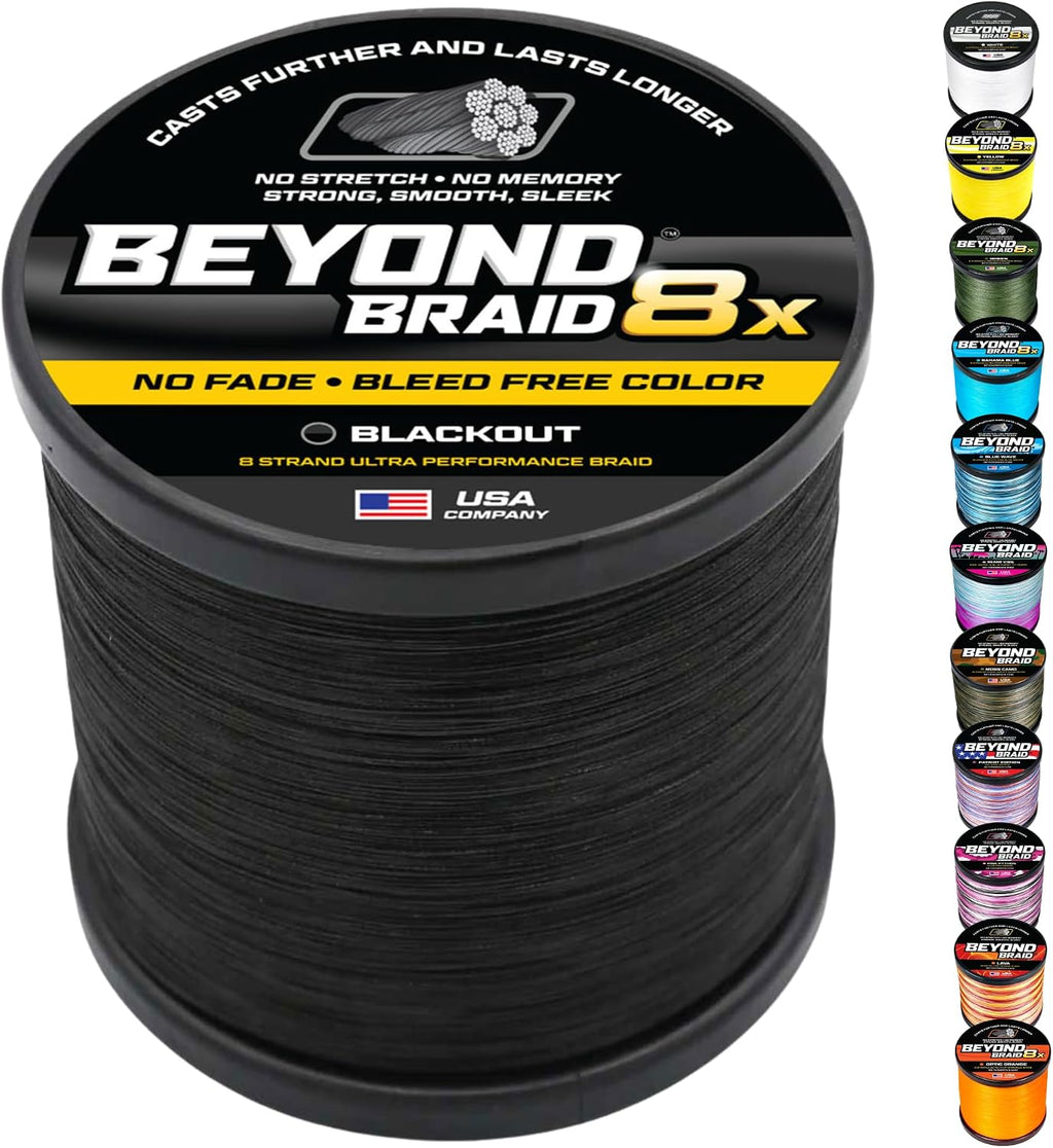 Beyond Braid Braided Fishing Line -Super Strong - Abrasion Resistant - No Stretch -Blue Camo, Moss Camo, White, Green, Pink, Blue, 4 Strand 8 Strand