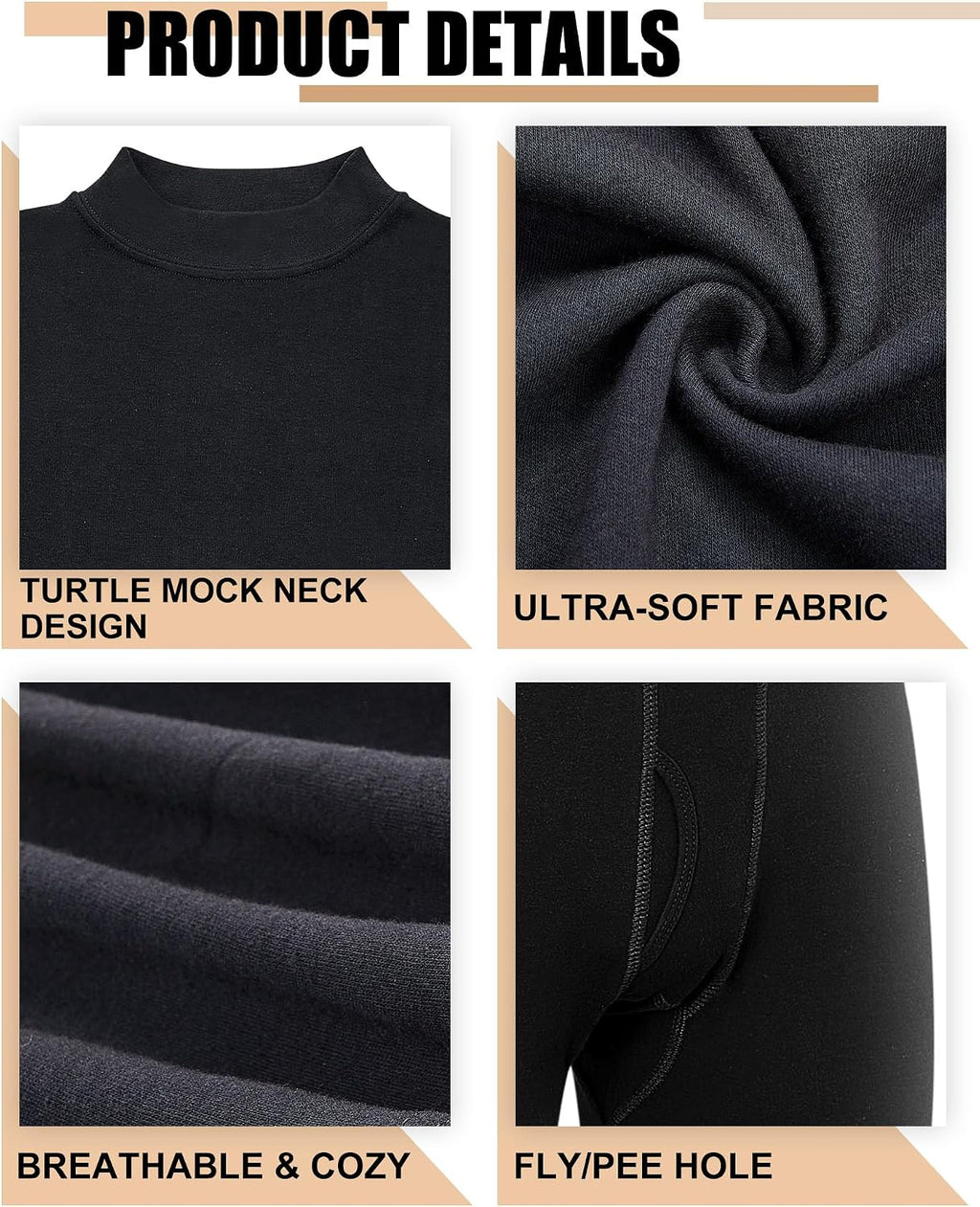 Jecery 4 Set Thermal Underwear for Men Cotton Thermals Turtleneck Underwear Warm Base Layer Top Bottom Set for Cold Weather