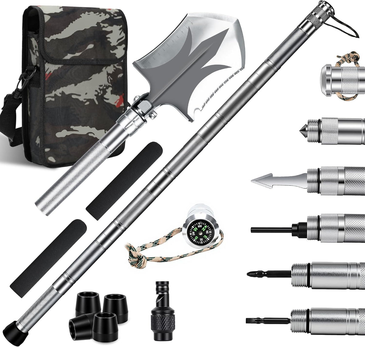 Survival Walking Stick w/Camp Shovel, Heavy-Duty Hiking Staff Camping Kit