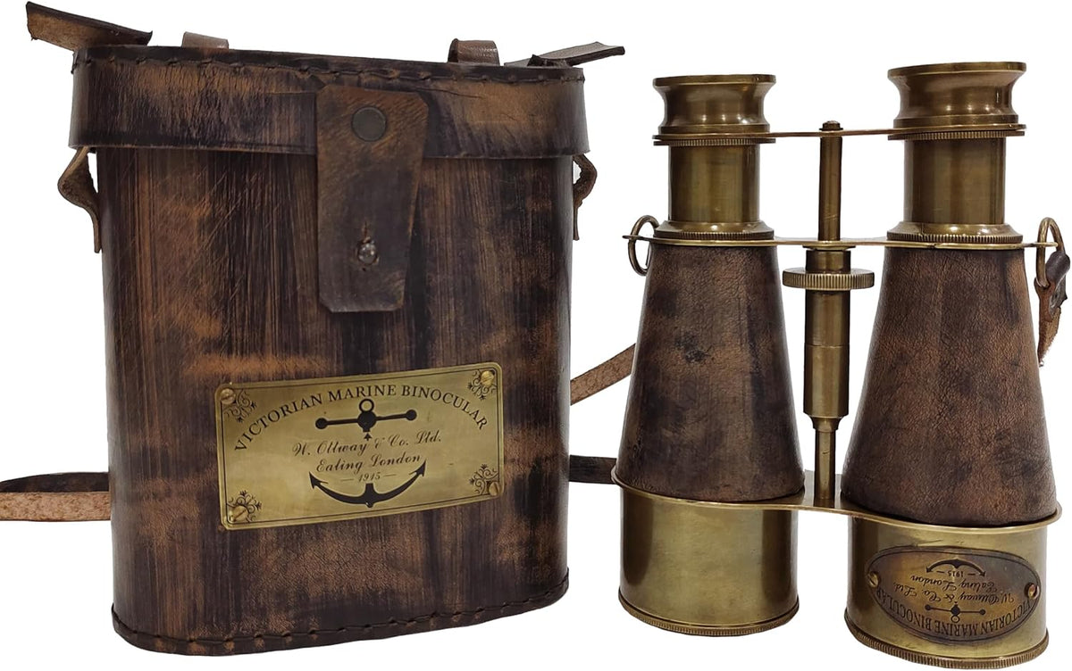 Brass Antique Binoculars, Grey, Brown Leather Strap