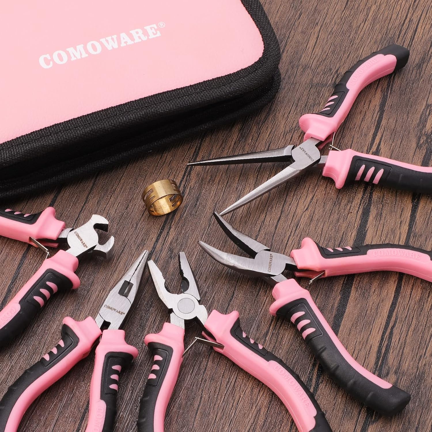 COMOWARE 6-Piece Mini Pliers Set, Needle Nose, Long Nose, Bent Nose, Diagonal, End Cutting and Linesman, for Crafts Work, Electronic Repair, with Pink Pouch