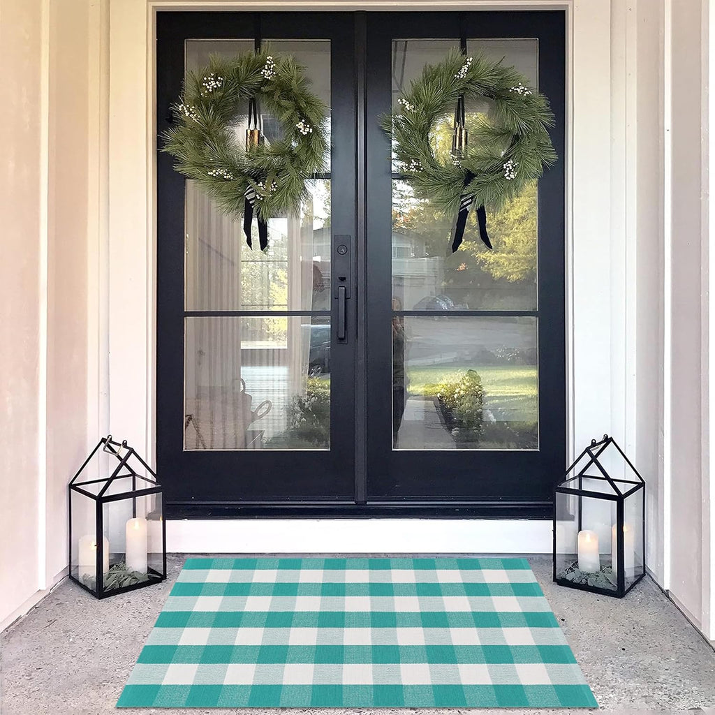 Spring Green & White Plaid Rug - 28 x 43 Inches Outdoor Front Door Decor Mat Cotton Washable Hand-Woven Rug Christmas New Year Holiday Porch Entryway Layered Doormat