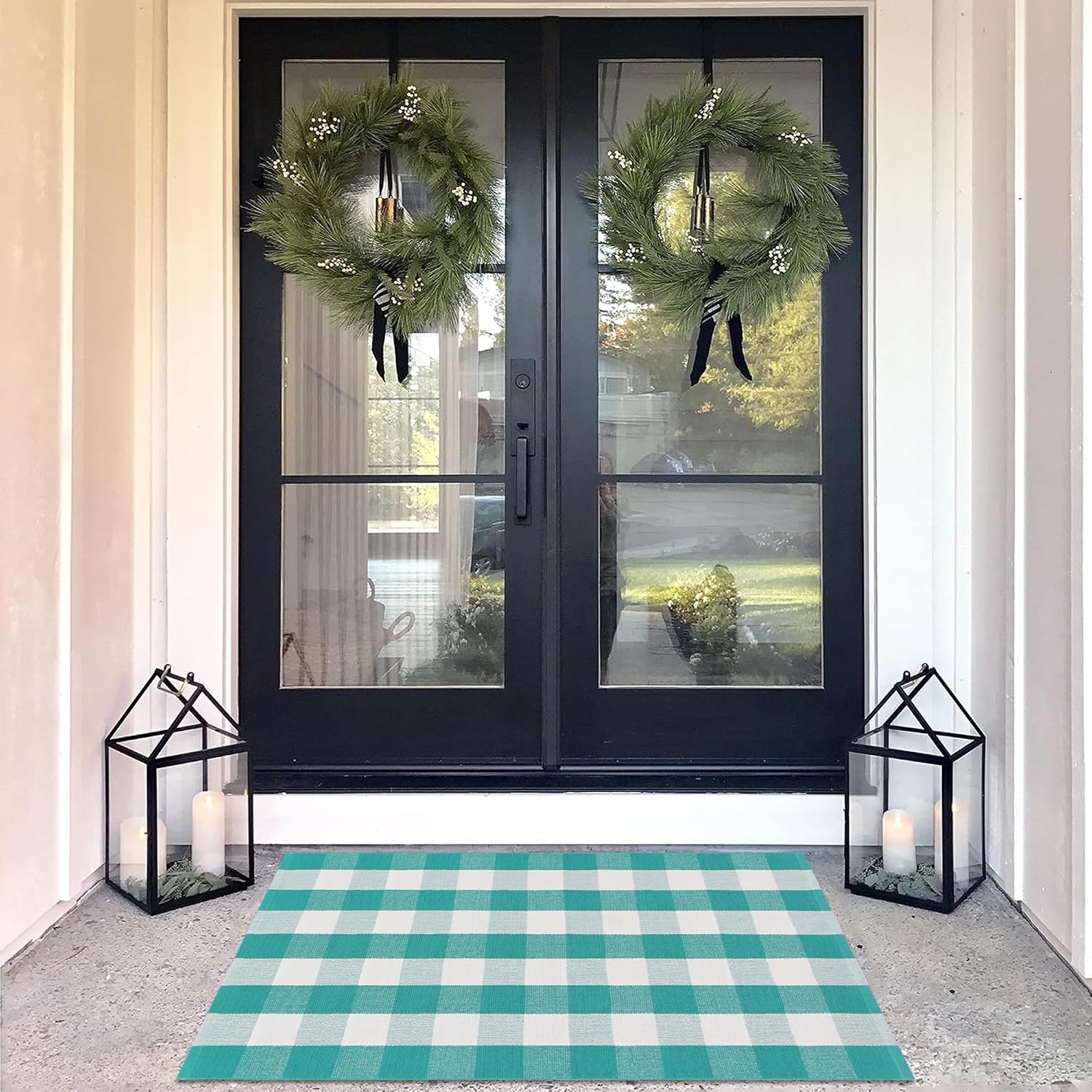 Spring Green & White Plaid Rug - 28 x 43 Inches Outdoor Front Door Decor Mat Cotton Washable Hand-Woven Rug Christmas New Year Holiday Porch Entryway Layered Doormat