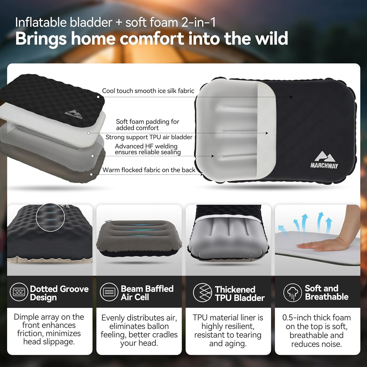 MARCHWAY Inflatable Camping Pillow with Soft Foam Top & TPU Air Bladder, Dual-Sided Support for All-Season, Lightweight Compact Travel Pillow for Hiking, Backpacking, Airplane, Car (Black)