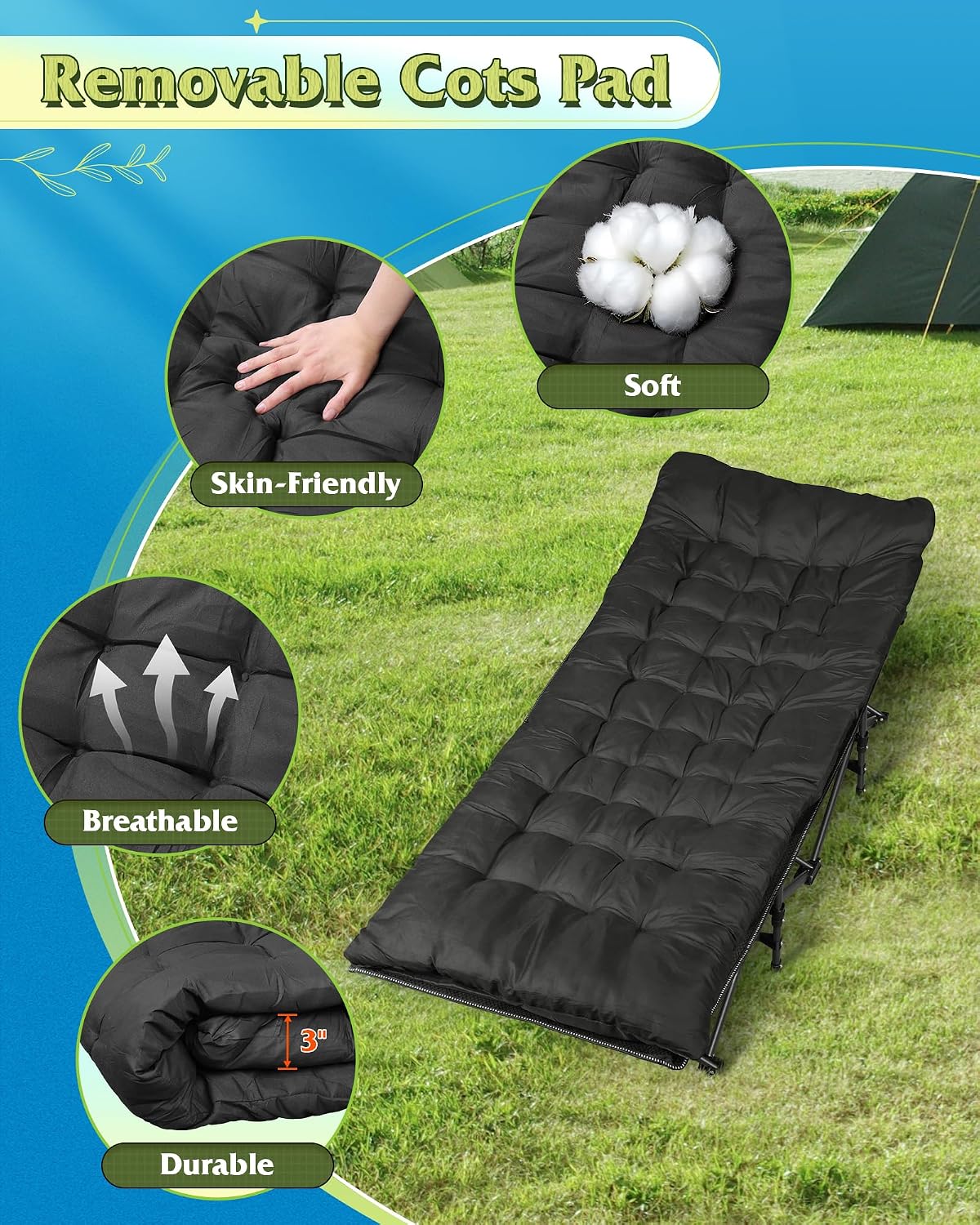 WLIVE Folding 1200D Oxford Camping Cots with Mattress for Adults Sleeping