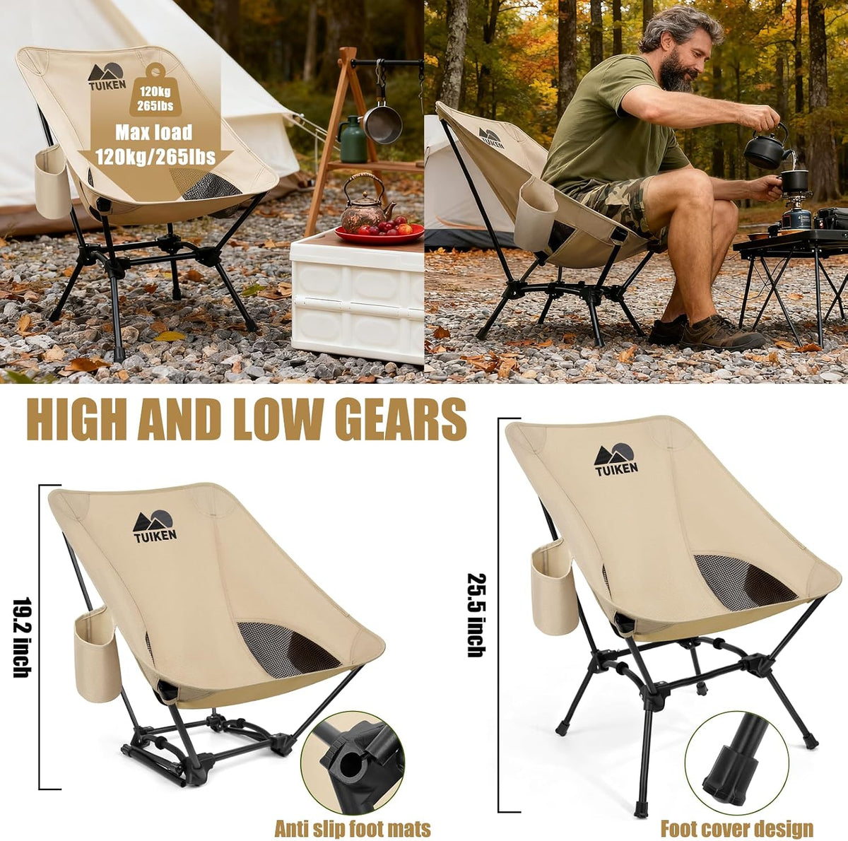 Ultralight Camping Chair Backpacking Chair, Portable Camp Chair with Cup Holder & Storage Bag, Lightweight Compact Folding Chair for Hiking, Travel, Picnic Mountaineering (Light Brown)