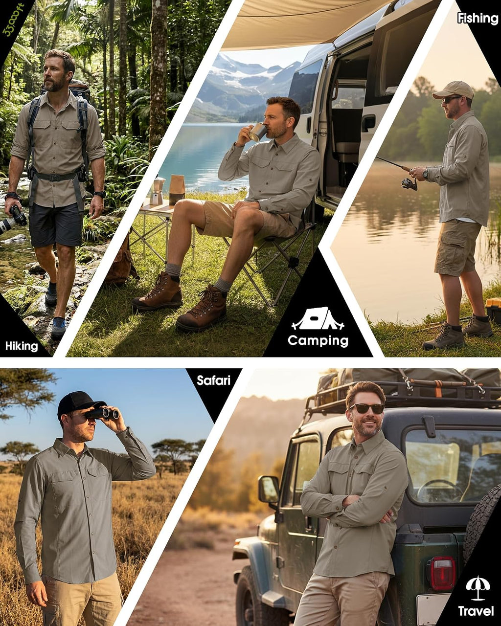 33,000ft Men's Long Sleeve Hiking Shirts Lightweight Quick Dry Sun Protection UV UPF 50 Fishing Shirt Outdoor Safari Travel