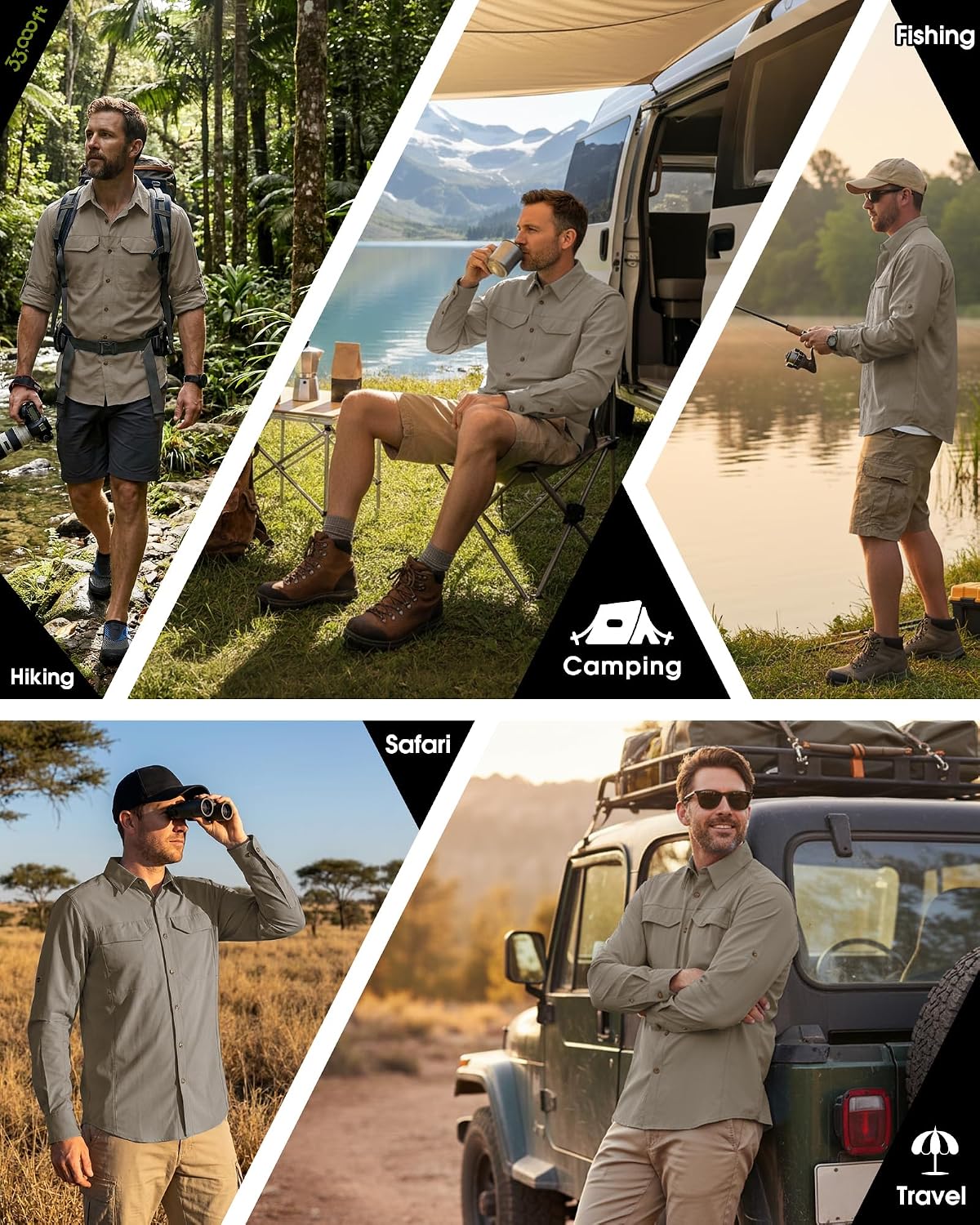 33,000ft Men's Long Sleeve Hiking Shirts Lightweight Quick Dry Sun Protection UV UPF 50 Fishing Shirt Outdoor Safari Travel