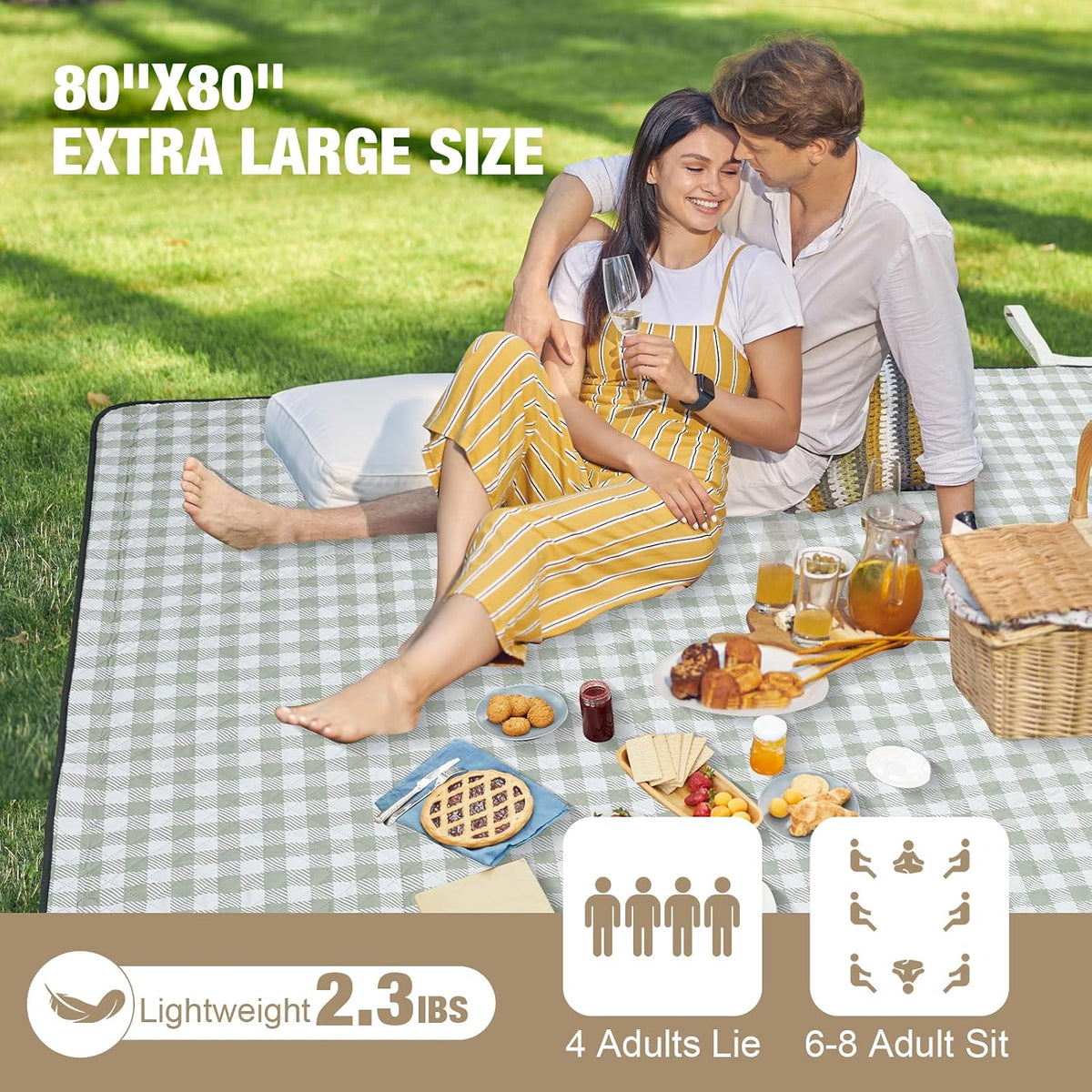 G GOOD GAIN Picnic Blankets Outdoor Extra Large 80"x80", Green