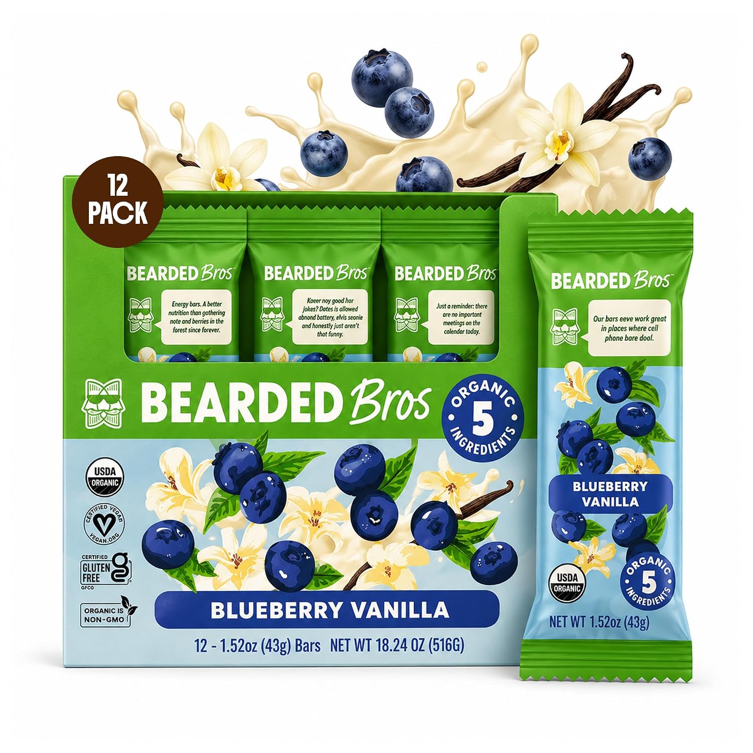 Bearded Brothers Organic Bars, Vegan Energy Bars Blueberry Vanilla 12 Count