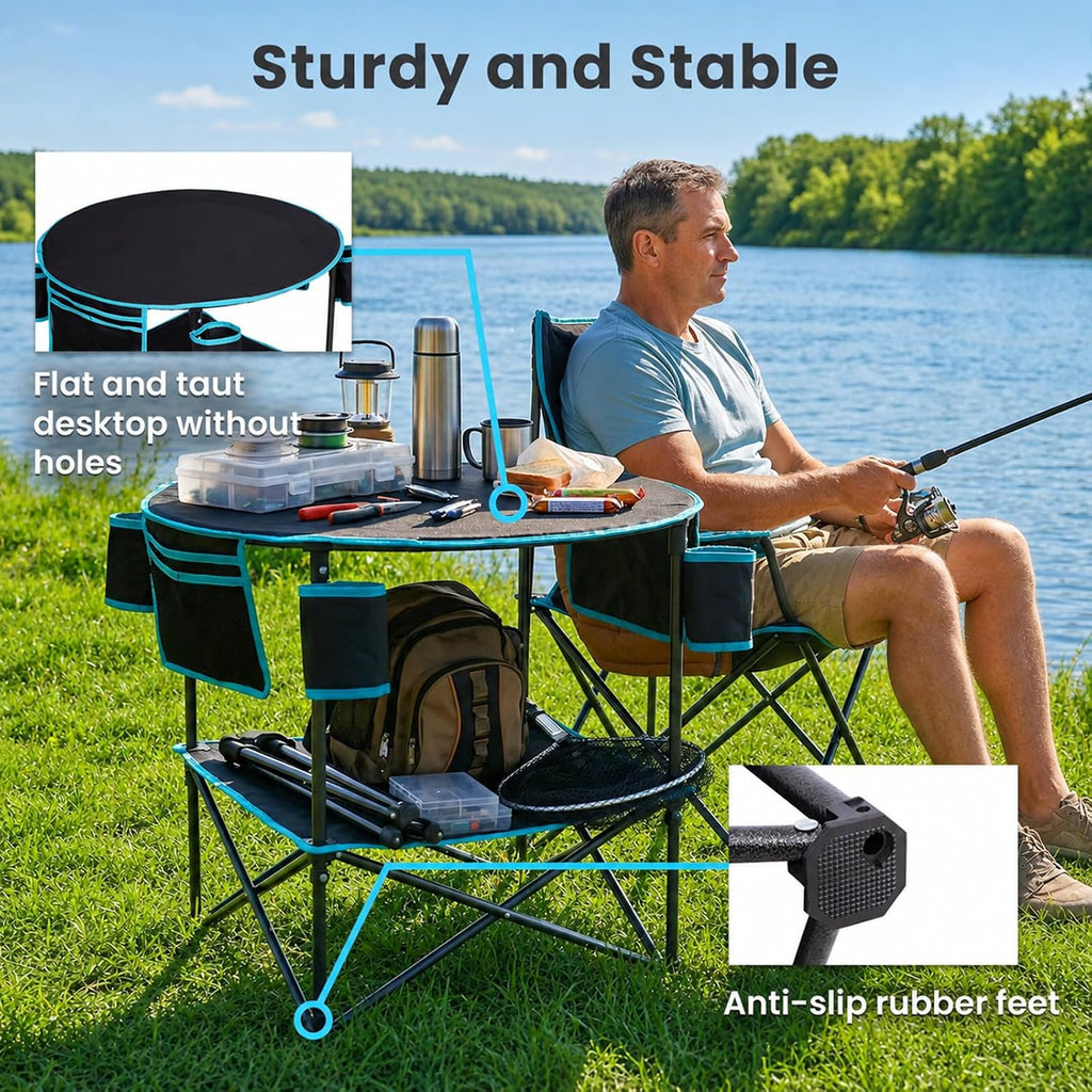 FUNDANGO Portable Folding Camping Table with 4 Cup Holders, 2-Tier