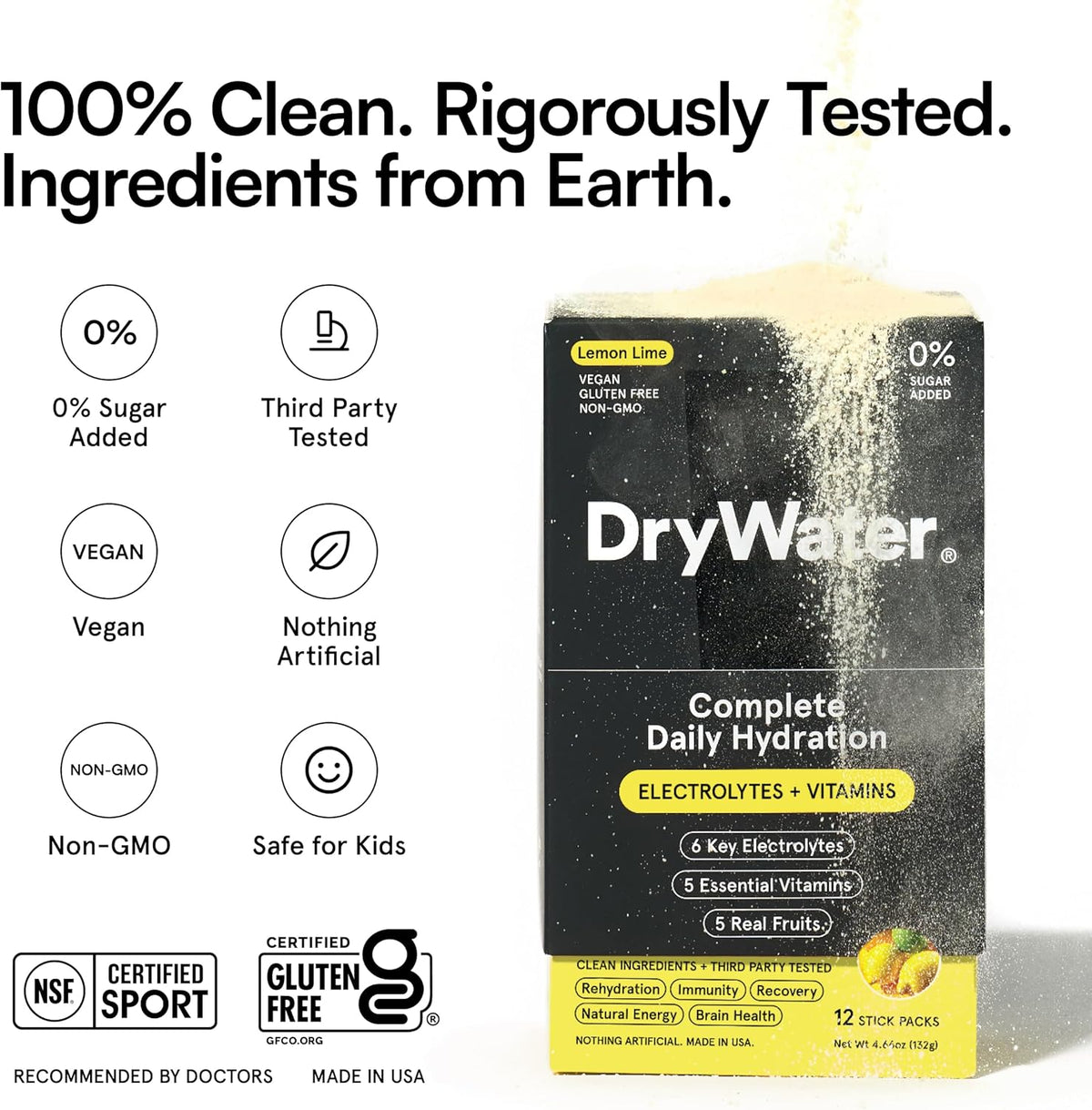 DryWater Electrolytes + Vitamins Hydration Packets, Lemon Lime 12 Pack