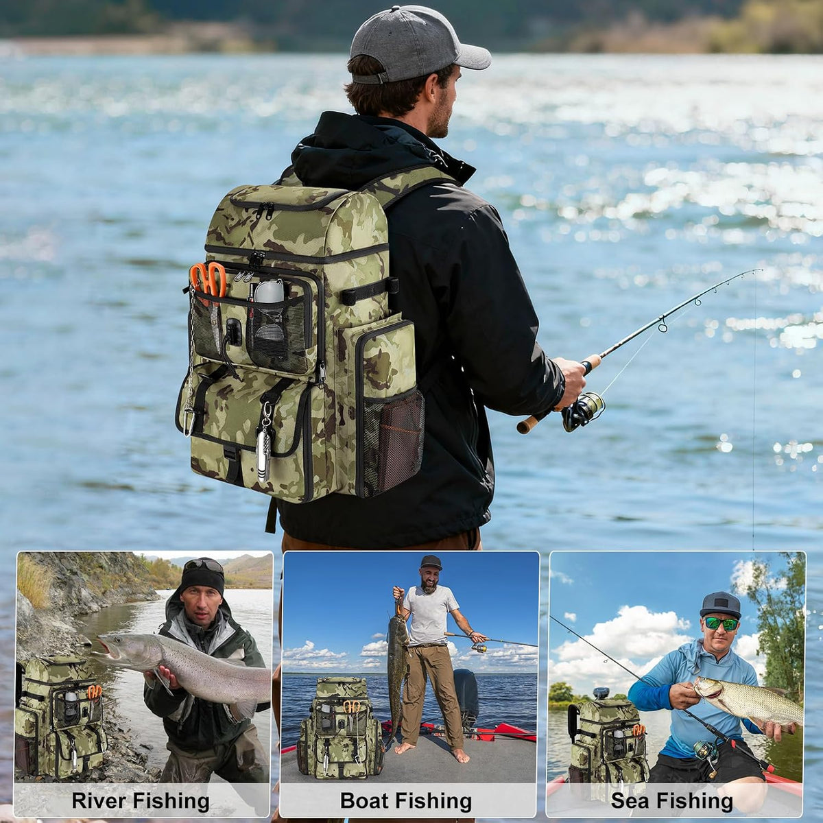 VJI 52L Large Fishing Tackle Backpack with Rod Holders, Green Camo