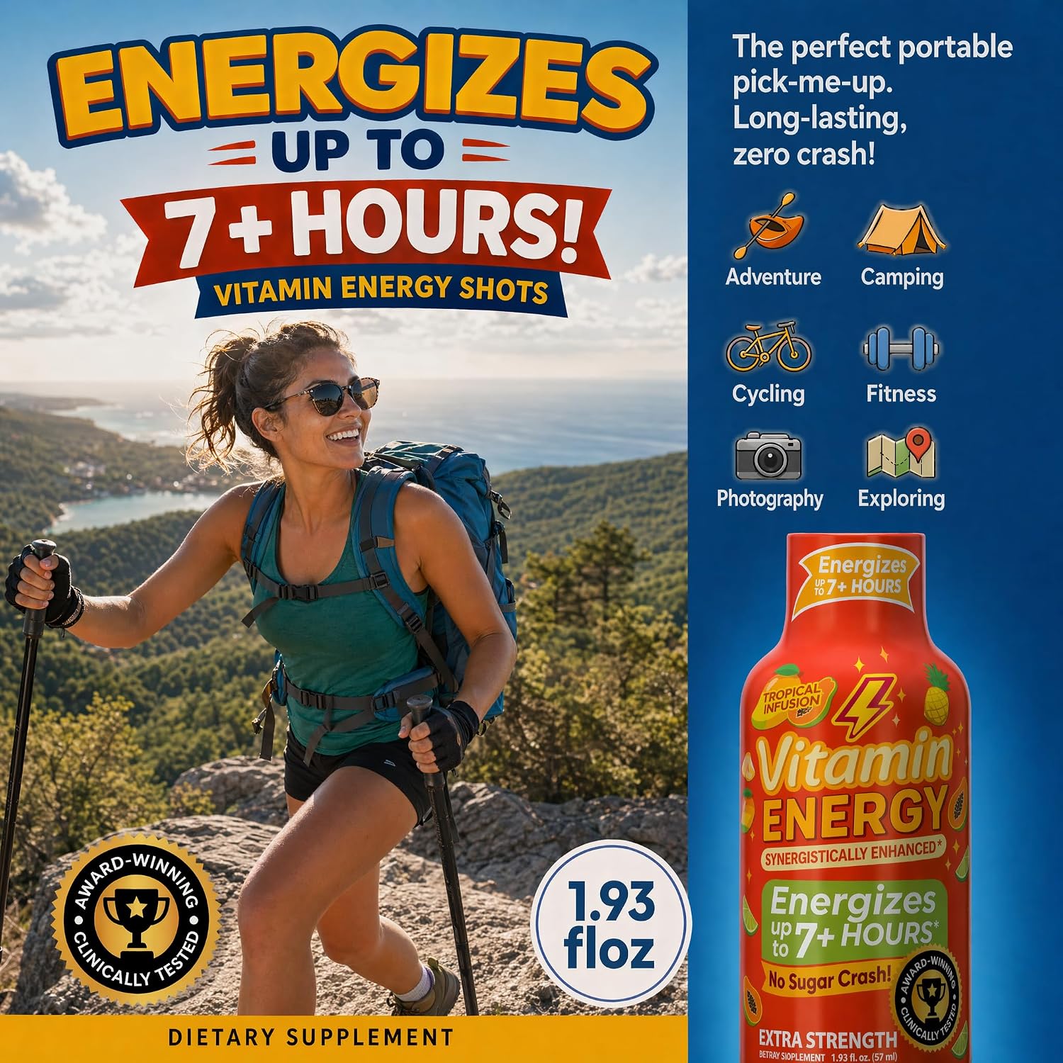 Vitamin Energy Tropical Infusion Extra Strength Energy Shot, 24 Pack - Up to 7 Hrs, 260mg Natural Caffeine, Zero Sugar - BCAAs + CoQ10, Focus Support, B12 B6 Niacin, 1.93 fl oz, Keto Vegan