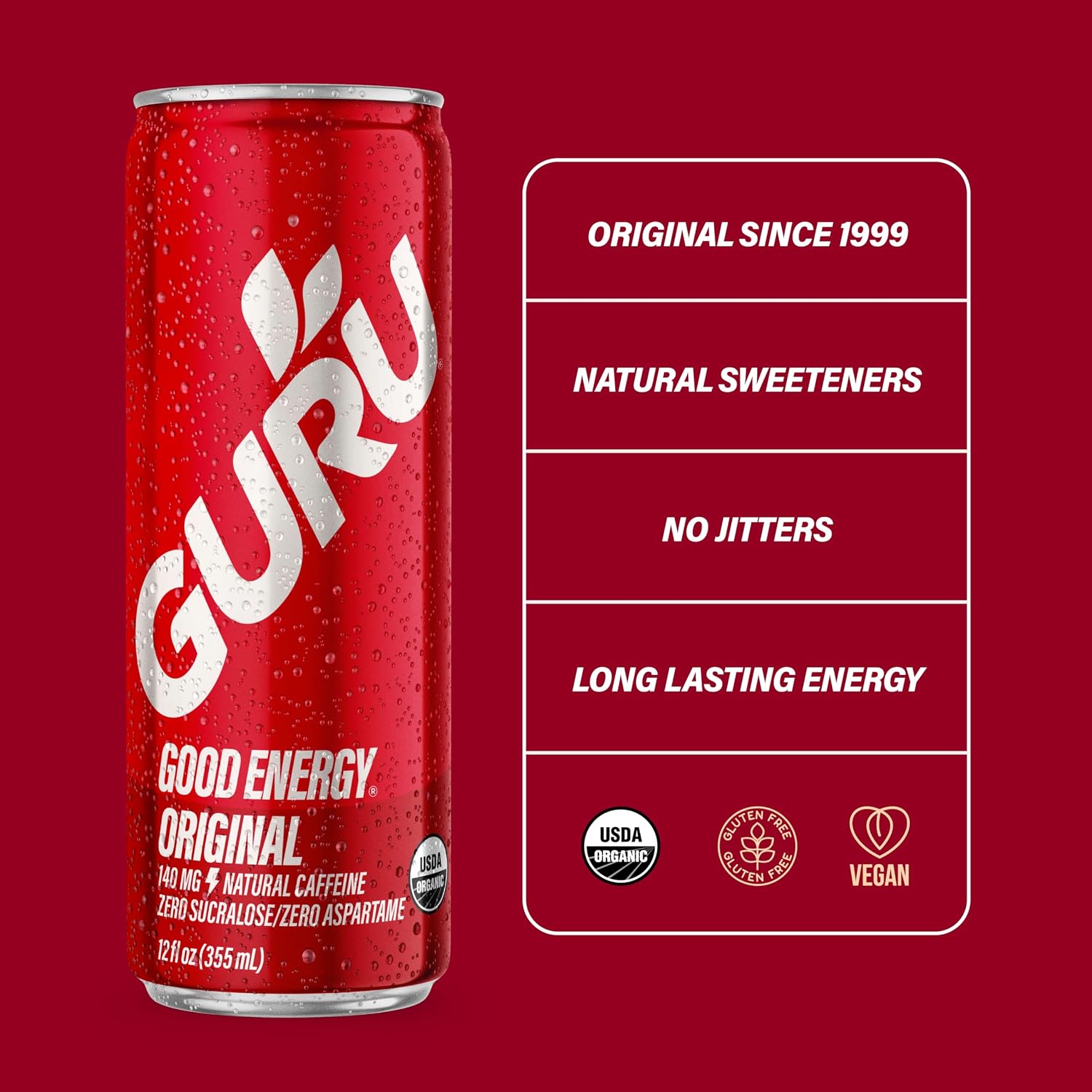 GURU Organic Energy Drink, Original, Natural Caffeine, 12 Fl Oz, 12 Pack