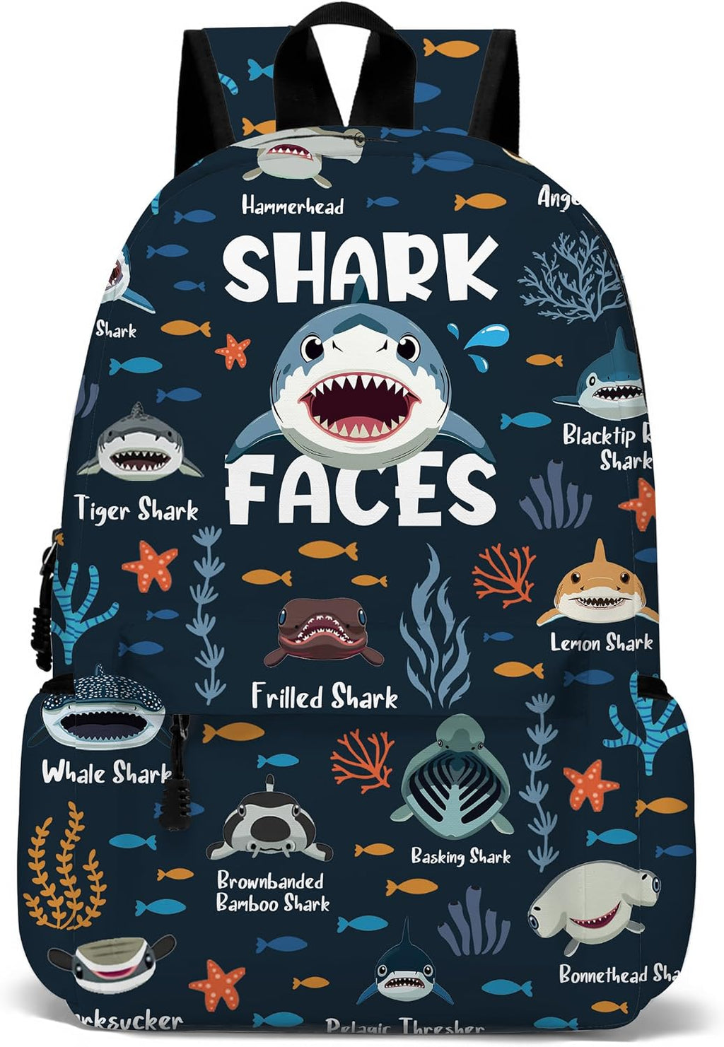 Funny Shark Faces School Backpack for Boys Girls, Shark Backpack for School Kids Bookbag, 17 Inch Ocean Animals Theme Laptop Back Pack for Travel Hiking Camping