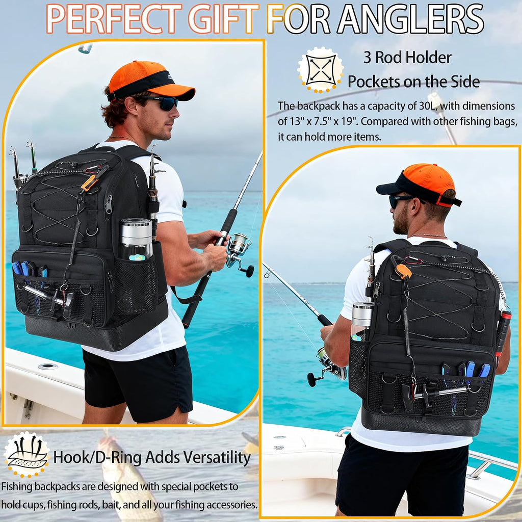 Fishing Backpack with 4 Tackle Boxes, Heavy Duty Fishing Bag with Waterproof Bottom, Tackle Backpack Gifts for Man Woman-Pure Black