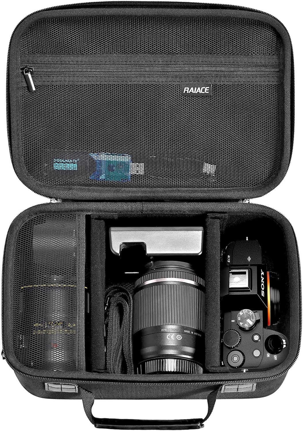 RAIACE Hard Case Compatible with Sony Alpha 7 II III IV/7R V Camera, for Nikon, for Canon, for Pentax and More.Large Capacity With Mesh Pocket for Lens, Charger, Cables, Cards and Accessories.-Black