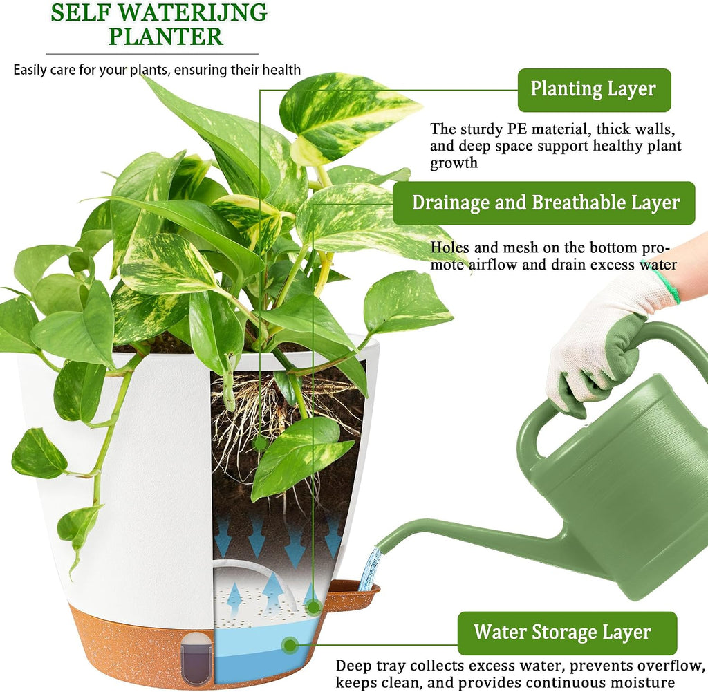 2 Pack 8 Inch Pots for Plants Indoor, Plastic Self Watering Planters