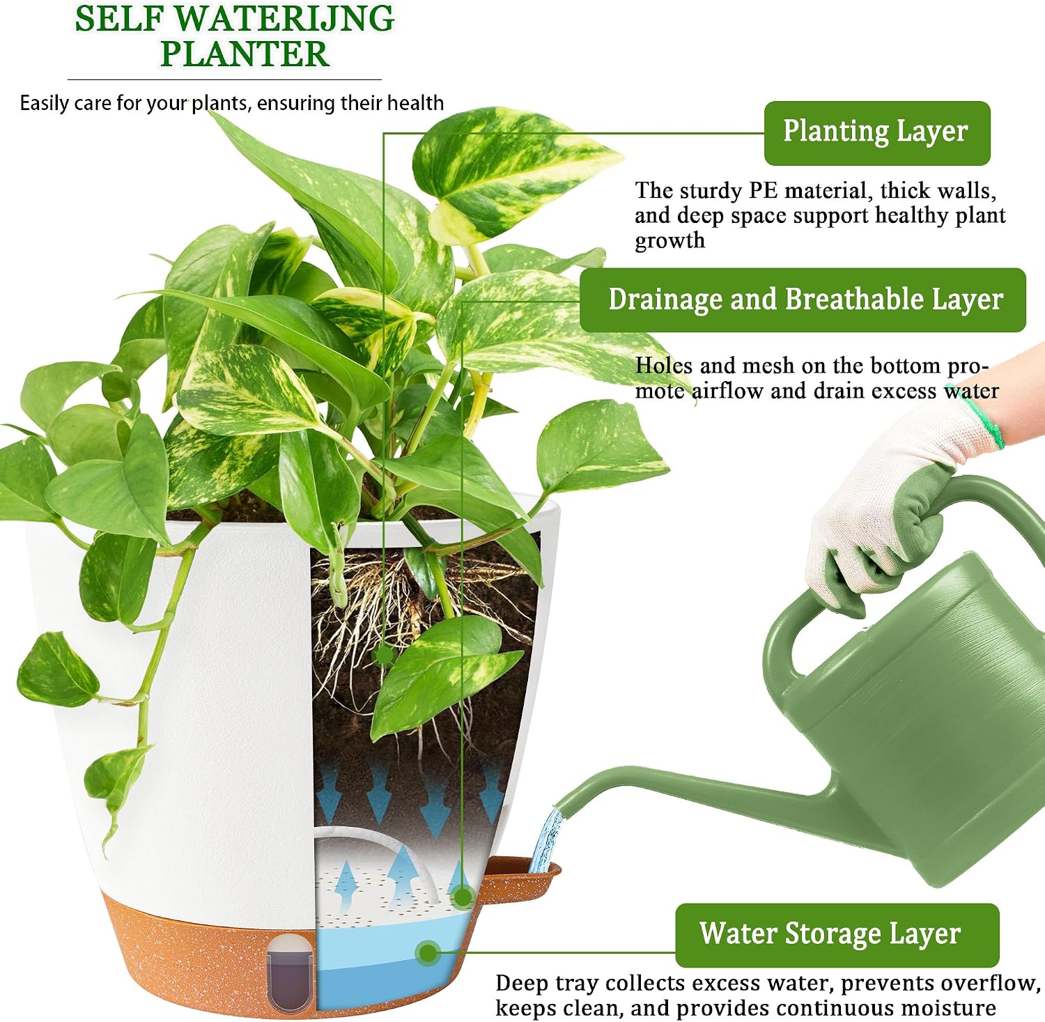2 Pack 8 Inch Pots for Plants Indoor, Plastic Self Watering Planters