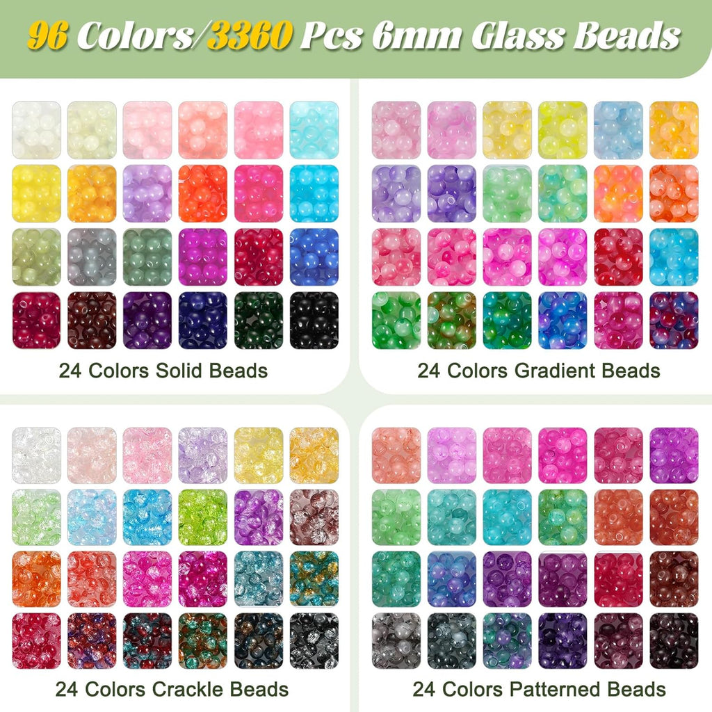 3524pcs Glass Beads Bracelet Making Kit, 4 Types 96 Colors 6mm Glass Beads
