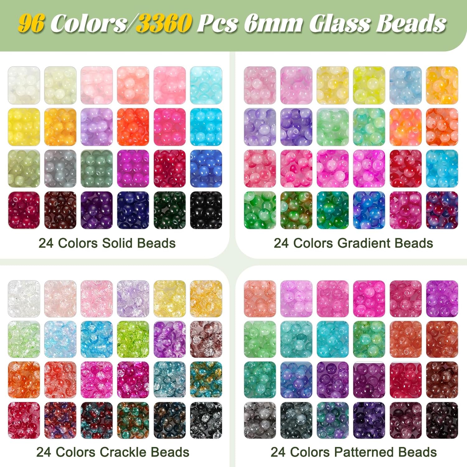 3524pcs Glass Beads Bracelet Making Kit, 4 Types 96 Colors 6mm Glass Beads