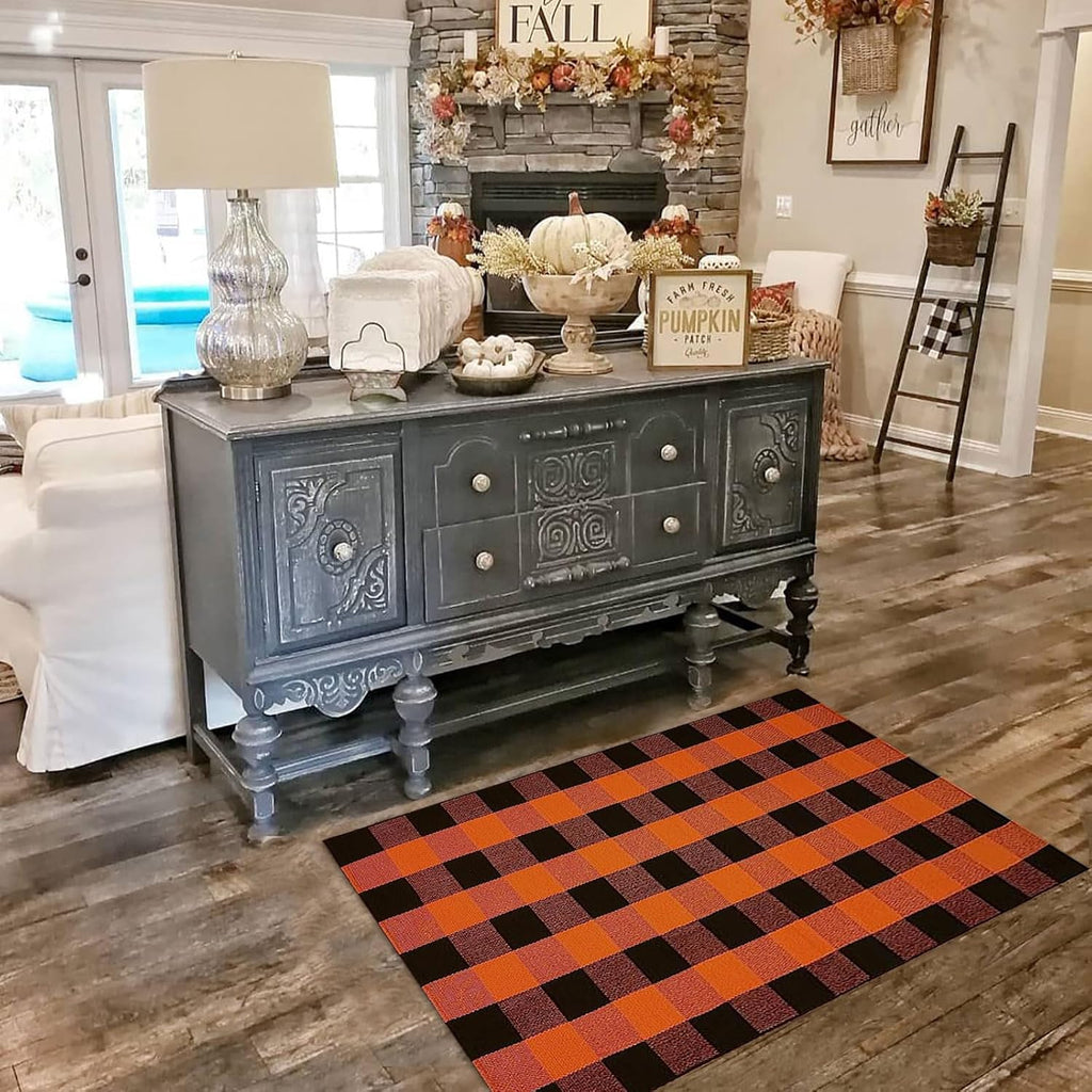 Fall Outdoor Rug Orange Buffalo Plaid Outdoor Rug Cotton Hand-Woven Buffalo Check Rug Layered Doormats for Front Door/Front Porch/Farmhouse/Entryway/Patio (Orange and Black Plaid, 3' x 5')