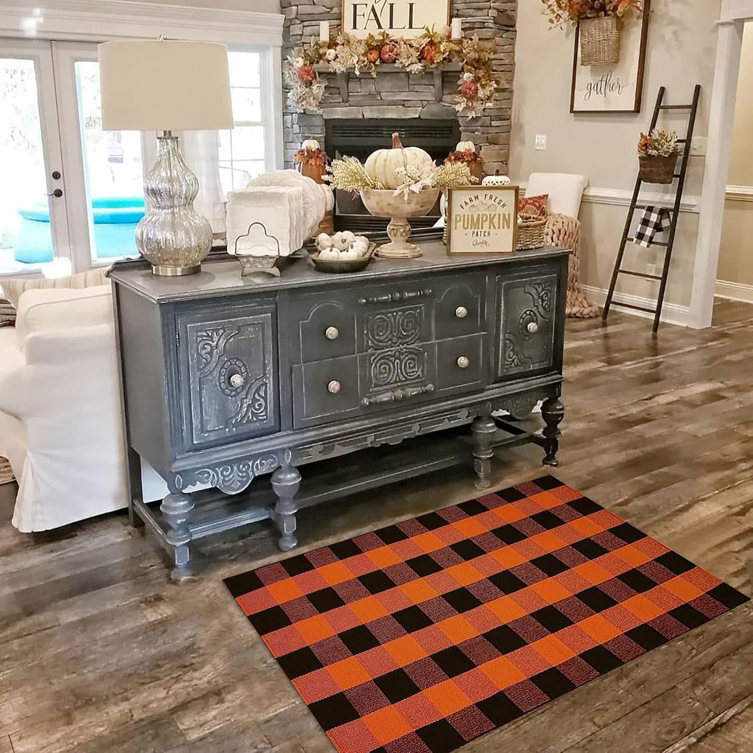 Fall Outdoor Rug Orange Buffalo Plaid Outdoor Rug Cotton Hand-Woven Buffalo Check Rug Layered Doormats for Front Door/Front Porch/Farmhouse/Entryway/Patio (Orange and Black Plaid, 3' x 5')