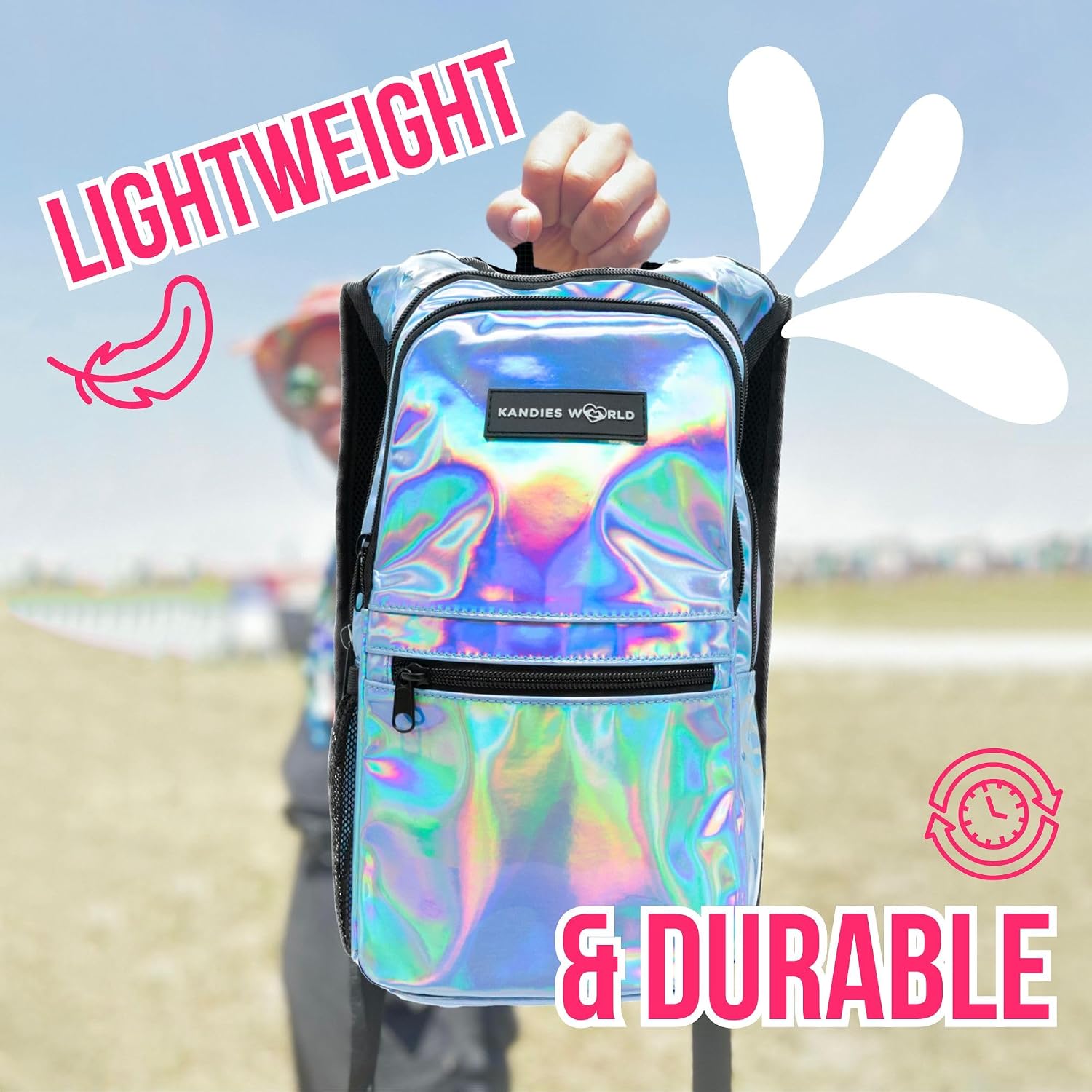 Kandies World Reflective Festival Hydration Pack - 2L Hydropack for Raves, Hiking, Biking, Running, and More (with Anti-Theft Pocket)