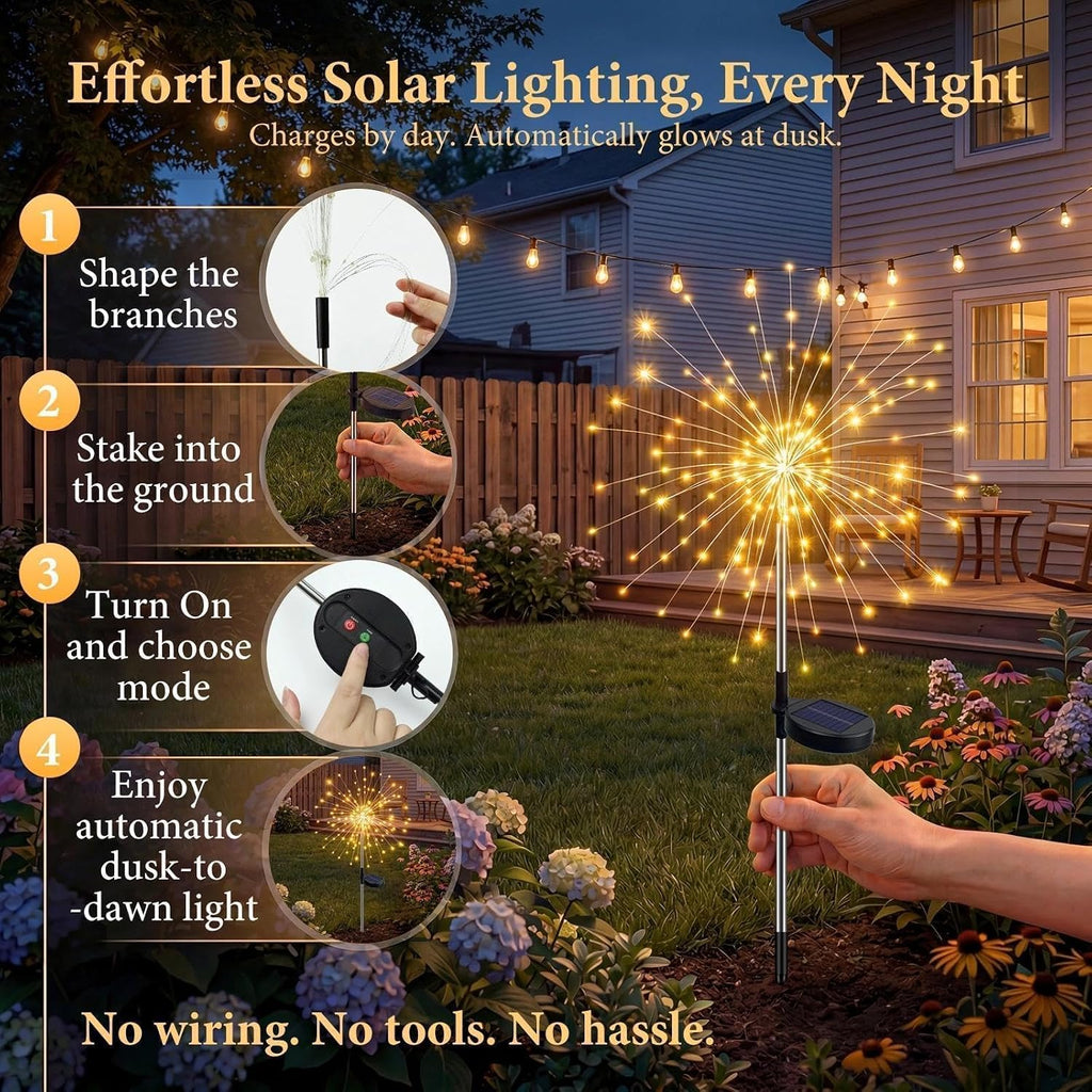 Solar Firework Lights Outdoor 4 Pack, 120LED Solar Starburst Twinkle Garden Lights with 8 Modes,Waterproof Decorative Fairy Light for Garden, Backyard, Halloween & Lawn Landscape Decor