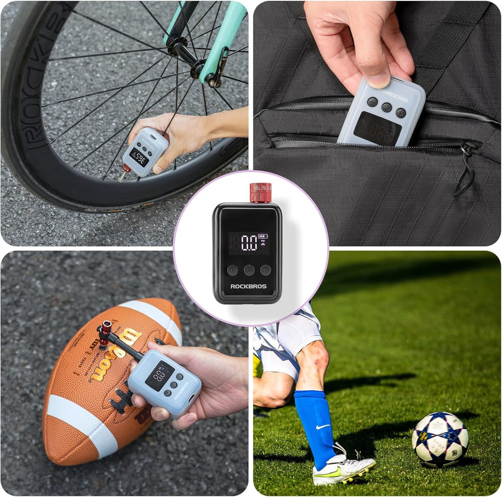 ROCKBROS Tiny Emergency Bike Pump HW-140 with Gauge, Max 150 PSI Electric Mini Pump with Protective Silicone Cover, Fully Charged Inflate 1x 700 * 25C Tire, Hose for Bike, MTB, Balls