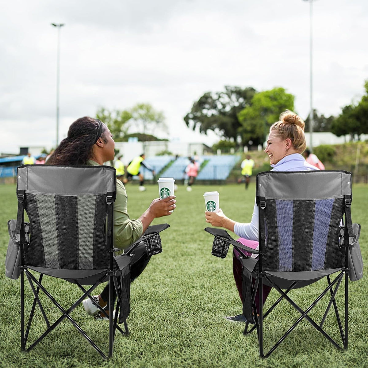 Nazhura 2 Pack Outdoor Camping Chairs Folding/Foldable/Portable with Cooler Pouch, Mesh Backrest and Cup Holder Pocket (Grey, Metal, 2 Pack)