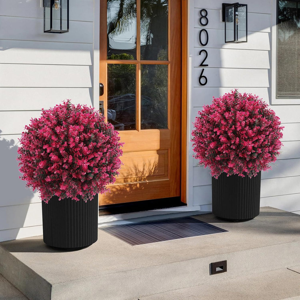 Artificial Red Eucalyptus Topiary Ball Tree 24" with Ground Spike, Set of 2 Artificial Boxwood Bushes for Faux Shrubs, Fake Evergreen Faux Plant for Indoor Outdoor Garden -UV Resistant–Fade-Proof