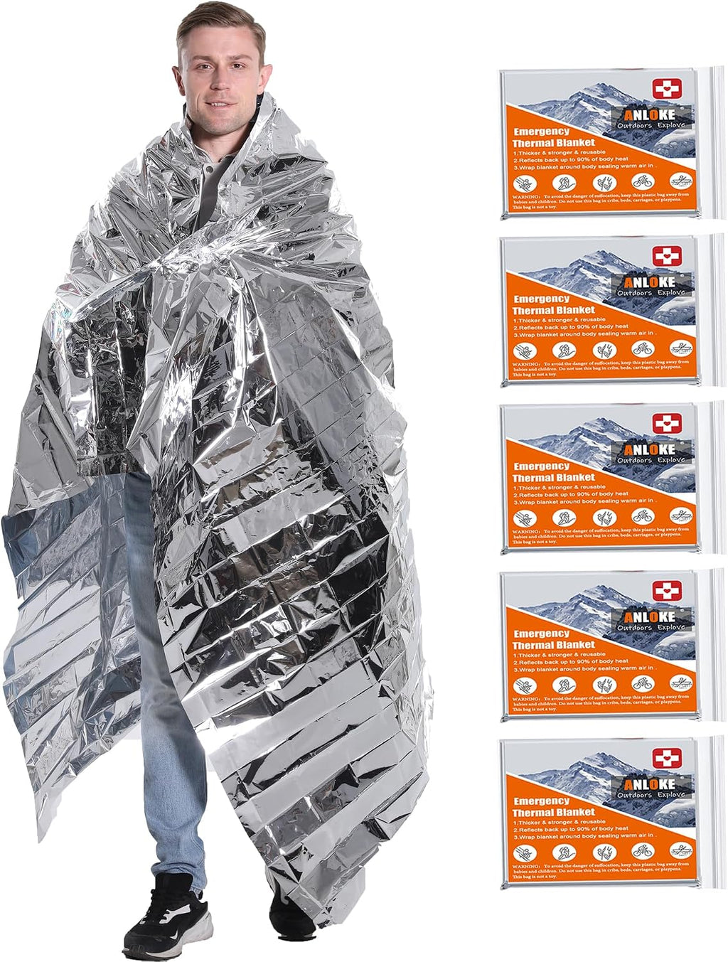 ANLOKE Emergency Blanket Mylar Thermal Blanket(4 Pack) Survival Gear-Orange